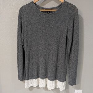 AB Studio Grey Knit Sweater with White Lace Hem